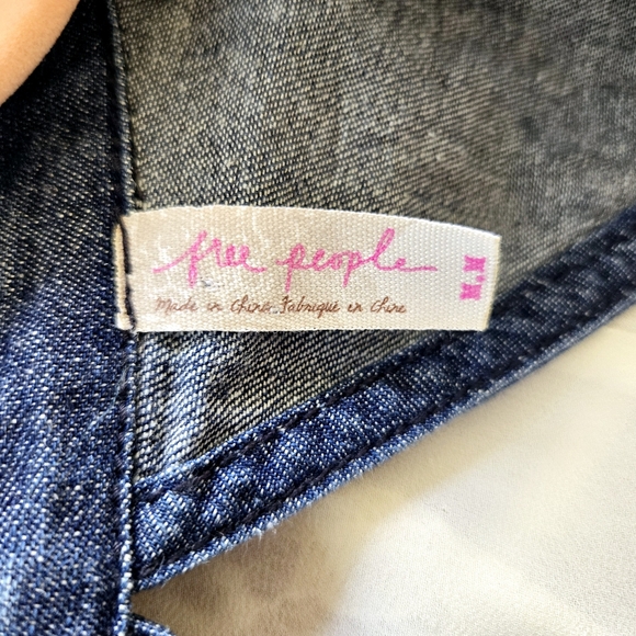 Free People Boho Western Denim Chiffon Lace V Neck Keyhole Longsleeve Medium - Picture 8 of 9